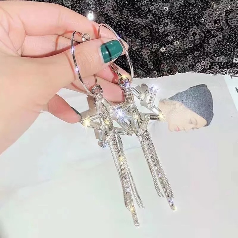 Dangling Rhinestone Silver Star Earrings